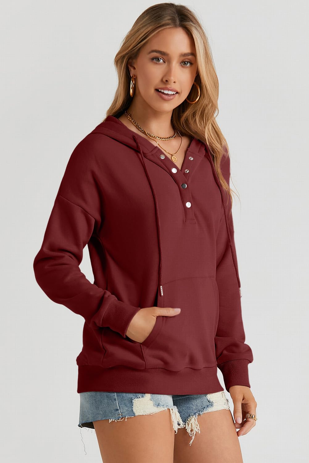 Dokotoo Hoodies for Women Button Collar Drawstring Sweatshirt Hooded Tops | Long Sleeve, Fleece Lined, Pullover Hoodie, Kangaroo Pocket, Fall Outfits Winter Clothes 2026, Casual Travel Workout Outdoor