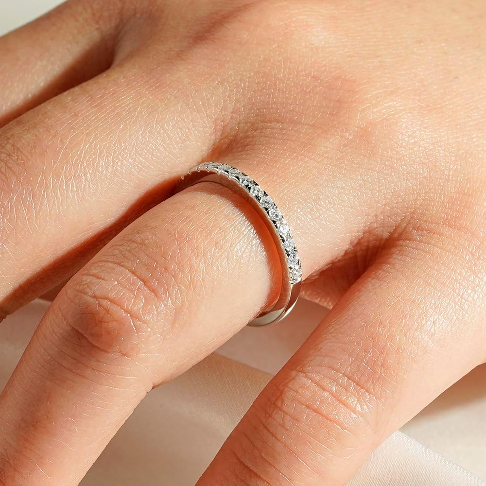 MSBLUE® 2.2MM Moissanite Wedding Eternity Ring | Rhodium Plated, Classic French Pave Band