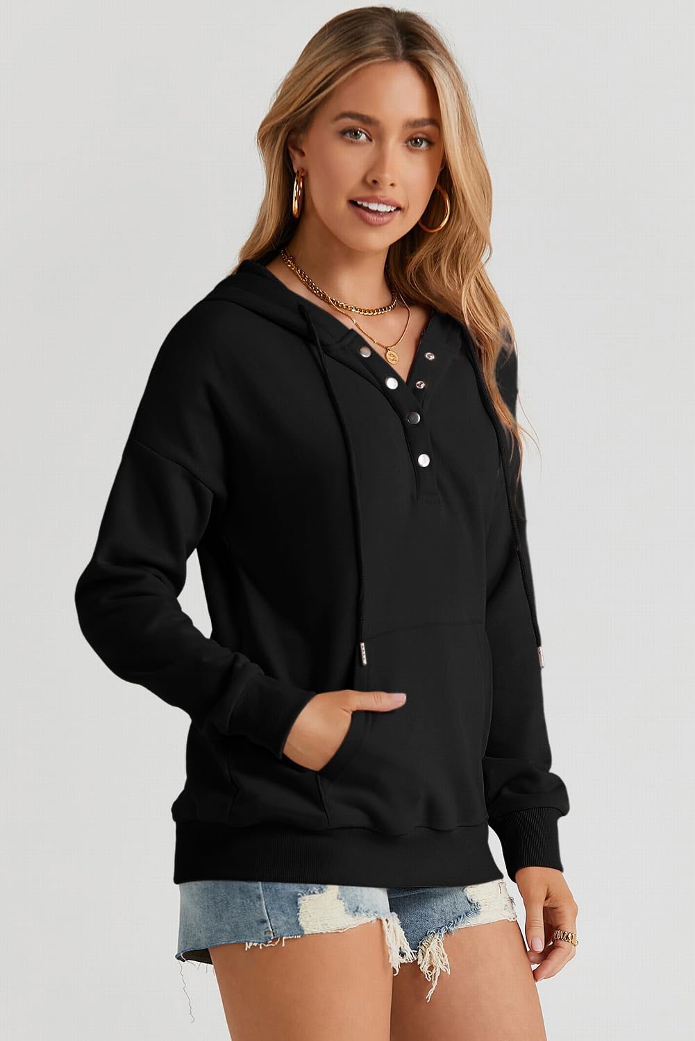 Dokotoo Hoodies for Women Button Collar Drawstring Sweatshirt Hooded Tops | Long Sleeve, Fleece Lined, Pullover Hoodie, Kangaroo Pocket, Fall Outfits Winter Clothes 2026, Casual Travel Workout Outdoor