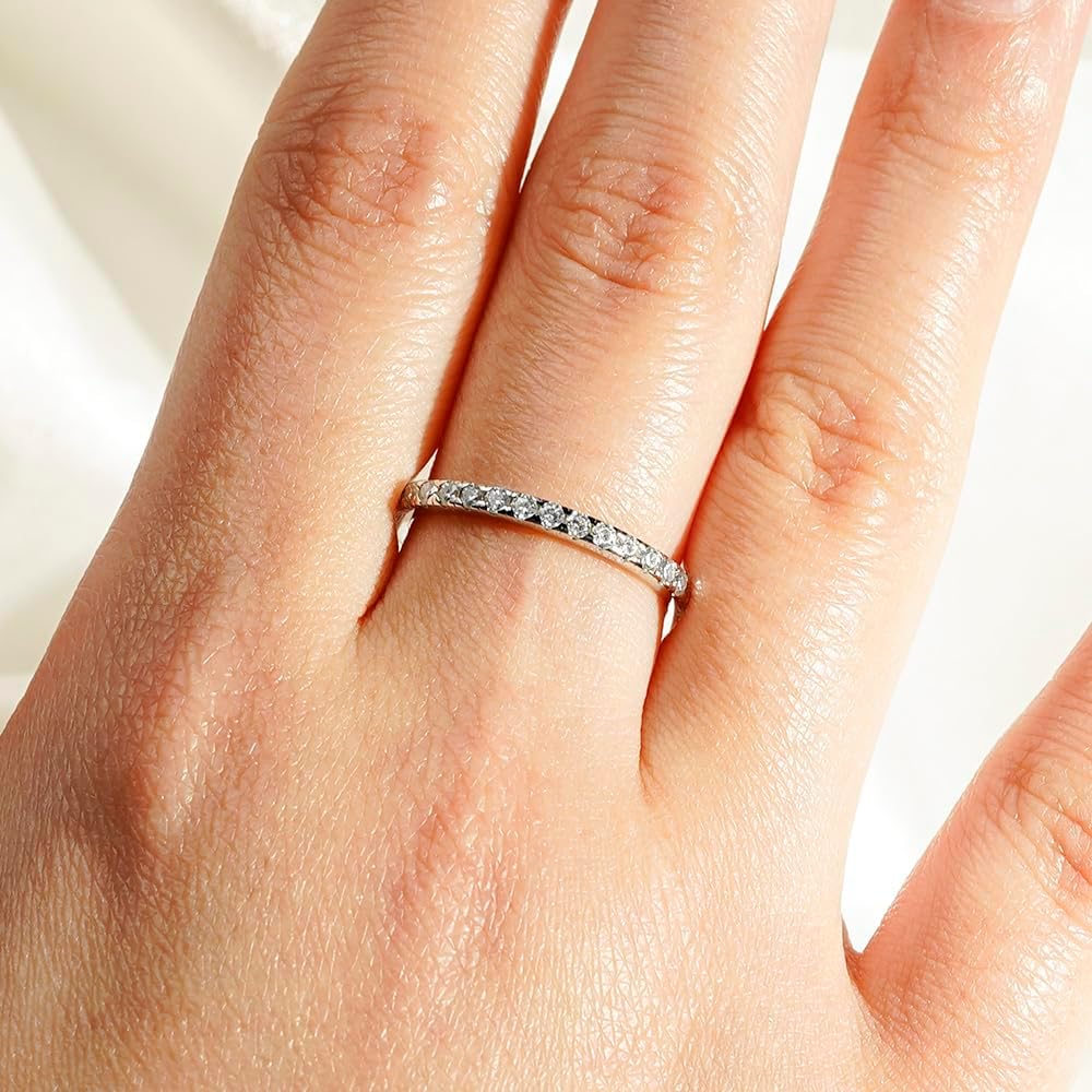 MSBLUE® 2.2MM Moissanite Wedding Eternity Ring | Rhodium Plated, Classic French Pave Band