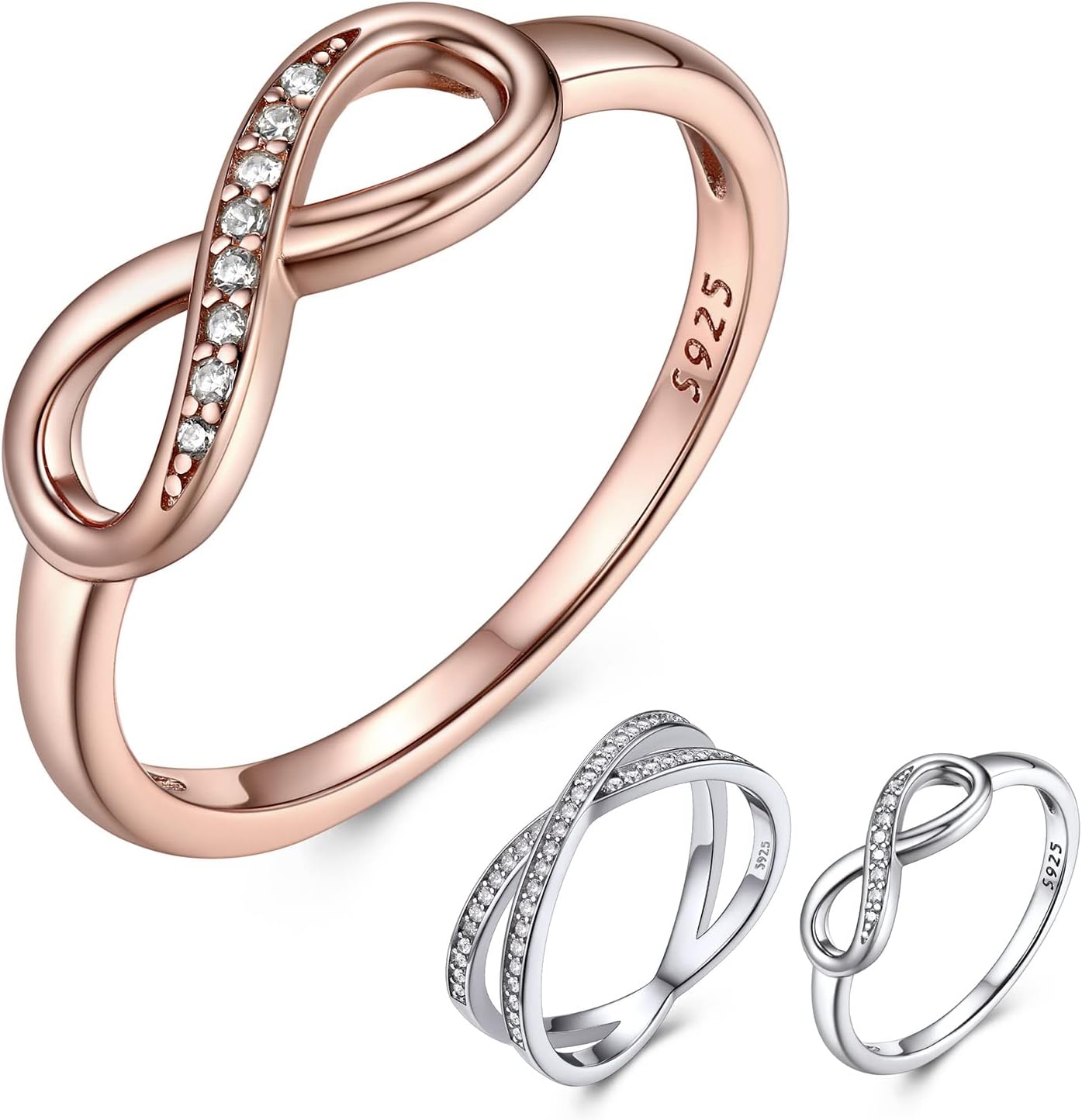 Bestyle Simple S925 Sterling Silver Infinity Rings Cubic Zirconia Rings, Nice Cute BFF Friendship Rings, Dainty Eternity Promise Wedding Bands Perfect Every Day Ring, Size 4-12, Words Engavable