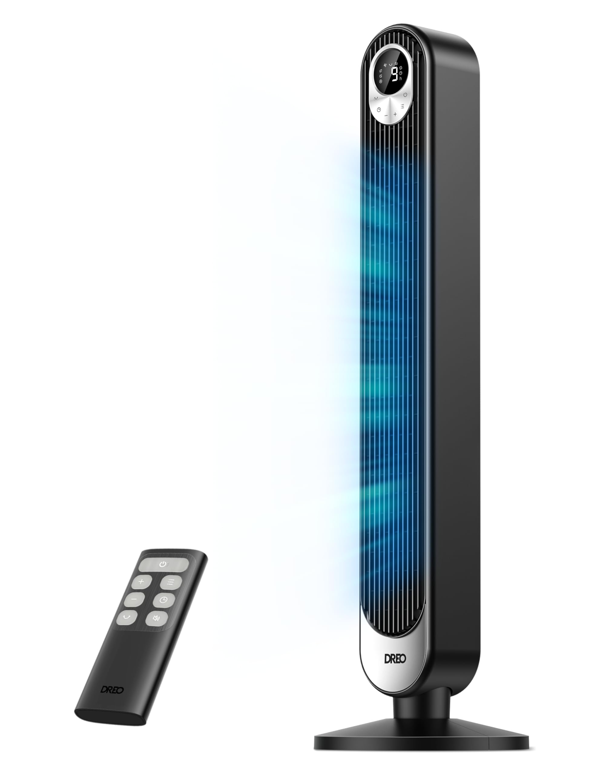 DREO Tower Fan for Bedroom, 28ft/s Velocity, 20dB Ultra Quiet, 8 Speeds | 2026 Upgraded DC Motor, 90° Oscillating, 4 Modes Standing Fan, Bladeless Fan for Indoors, Floor Fans with Remote, Black