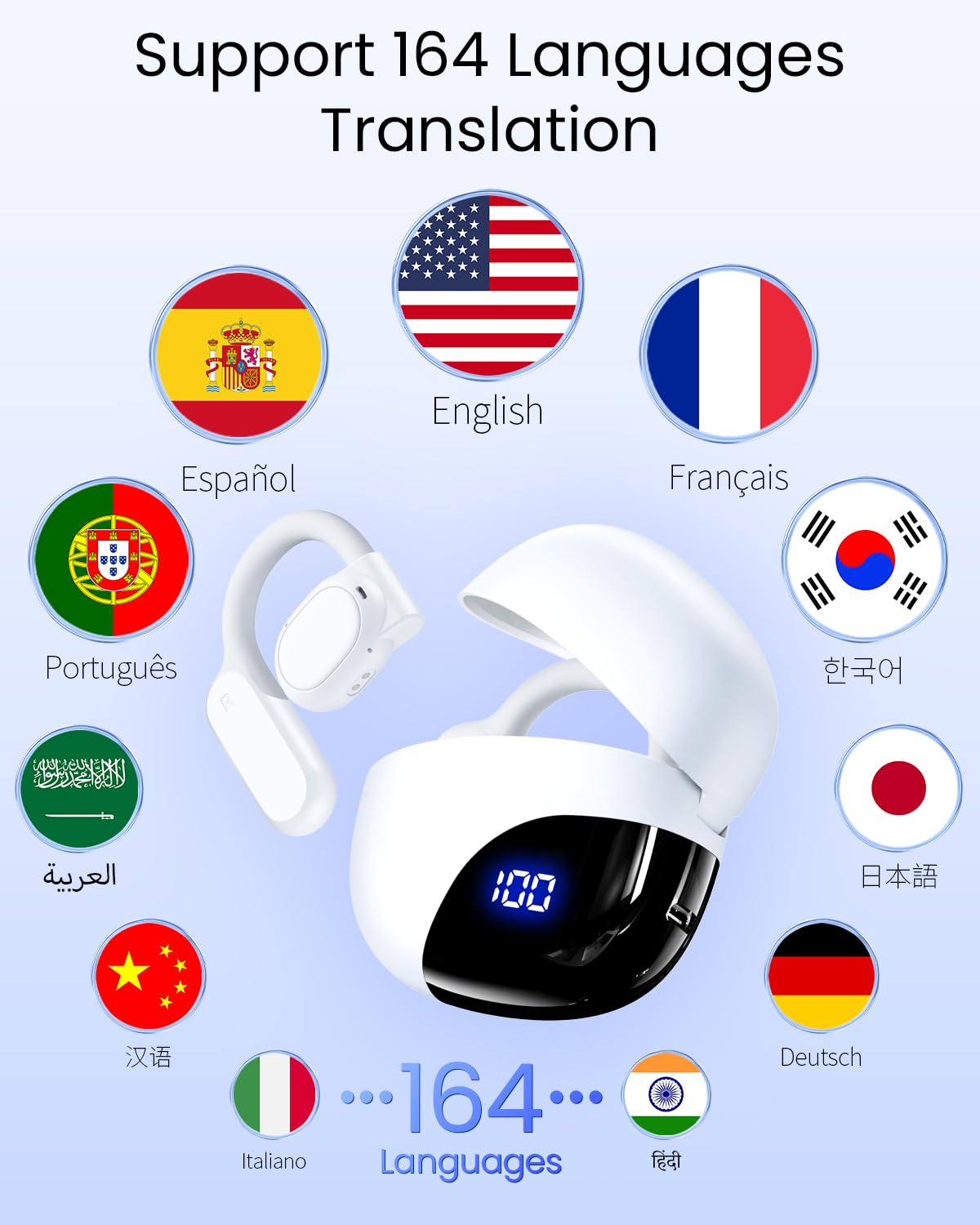 AI Translation Earbuds Real Time 164 Languages 80H Playtime Translator Ear Buds Audifonos Traductores Inglés Español Wireless Earphones Bluetooth AI Headphone for Travel Meeting Learning K08 Black