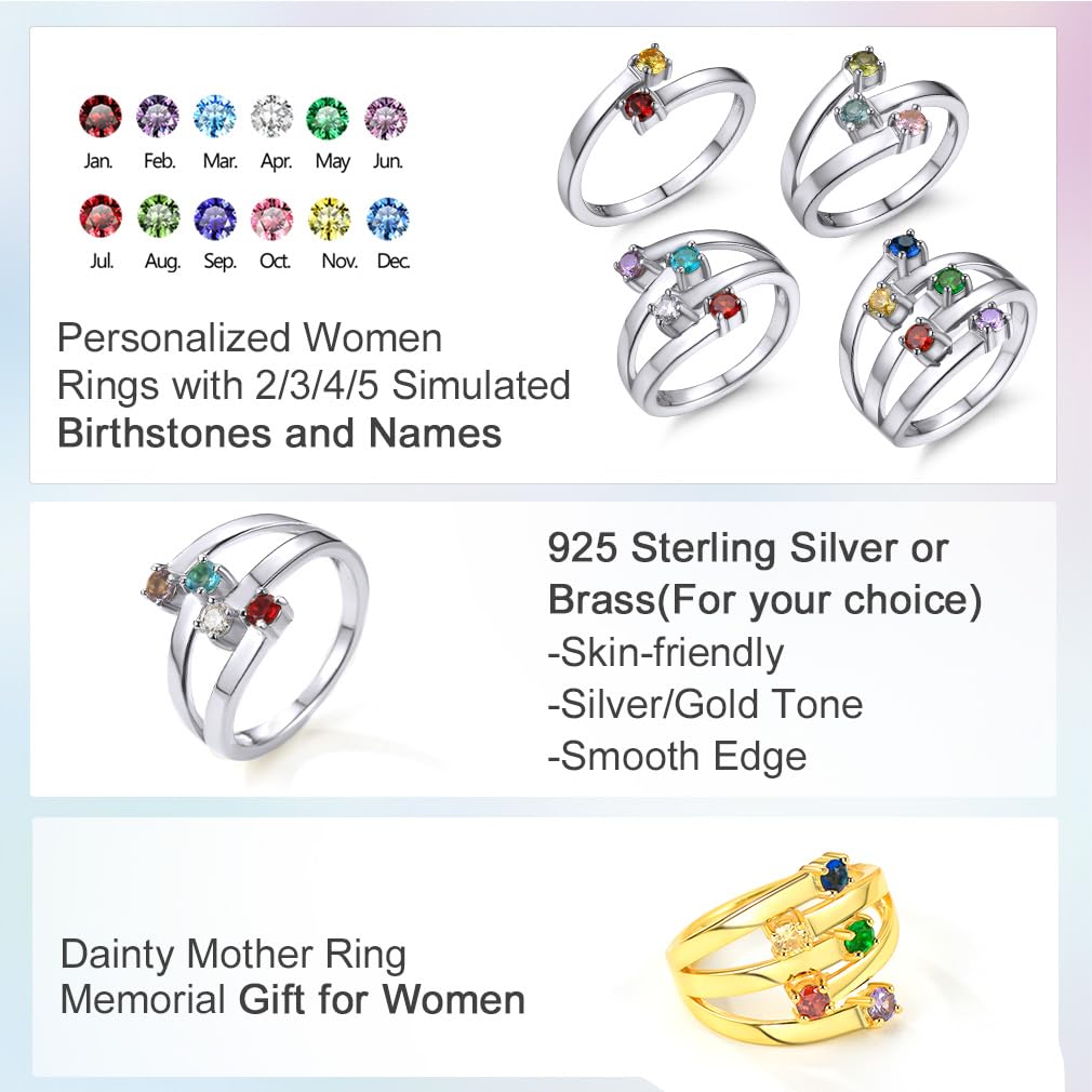 Custom4U Personalized Birthstone Rings for Women Promise Rings for Her | Sterling Silver Mothers Ring Customized Cubic Zirconia Wedding/Valentine's Day/Mother's Day Jewelry Gift for Mom Wife