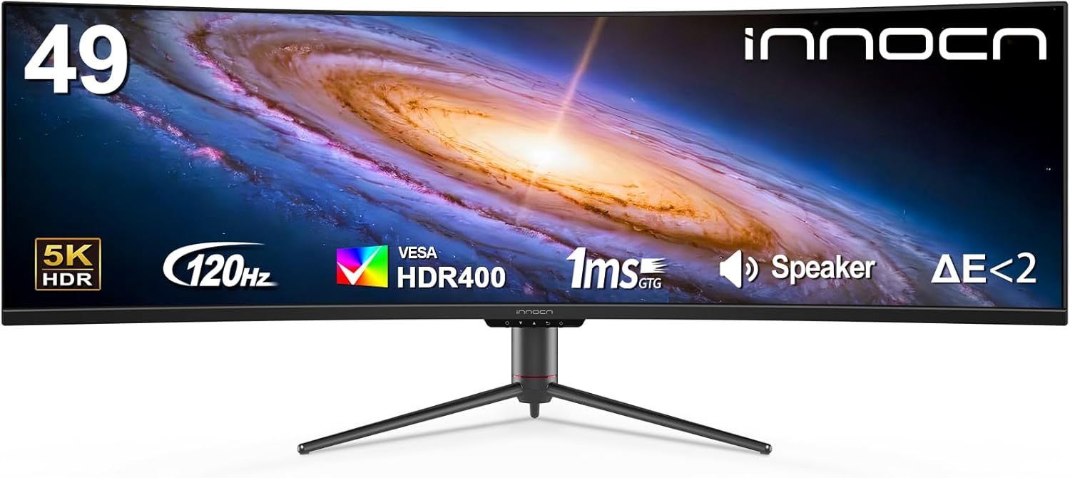 INNOCN 49" Curved Monitor Ultrawide Gaming 5K2K 120Hz 32:9 R1800-49C1R | 5120 x 1440P, 99% sRGB, HDR400, USB C, DisplayPort, HDMI, Built-in Speakers, Height/Tilt Adjustable