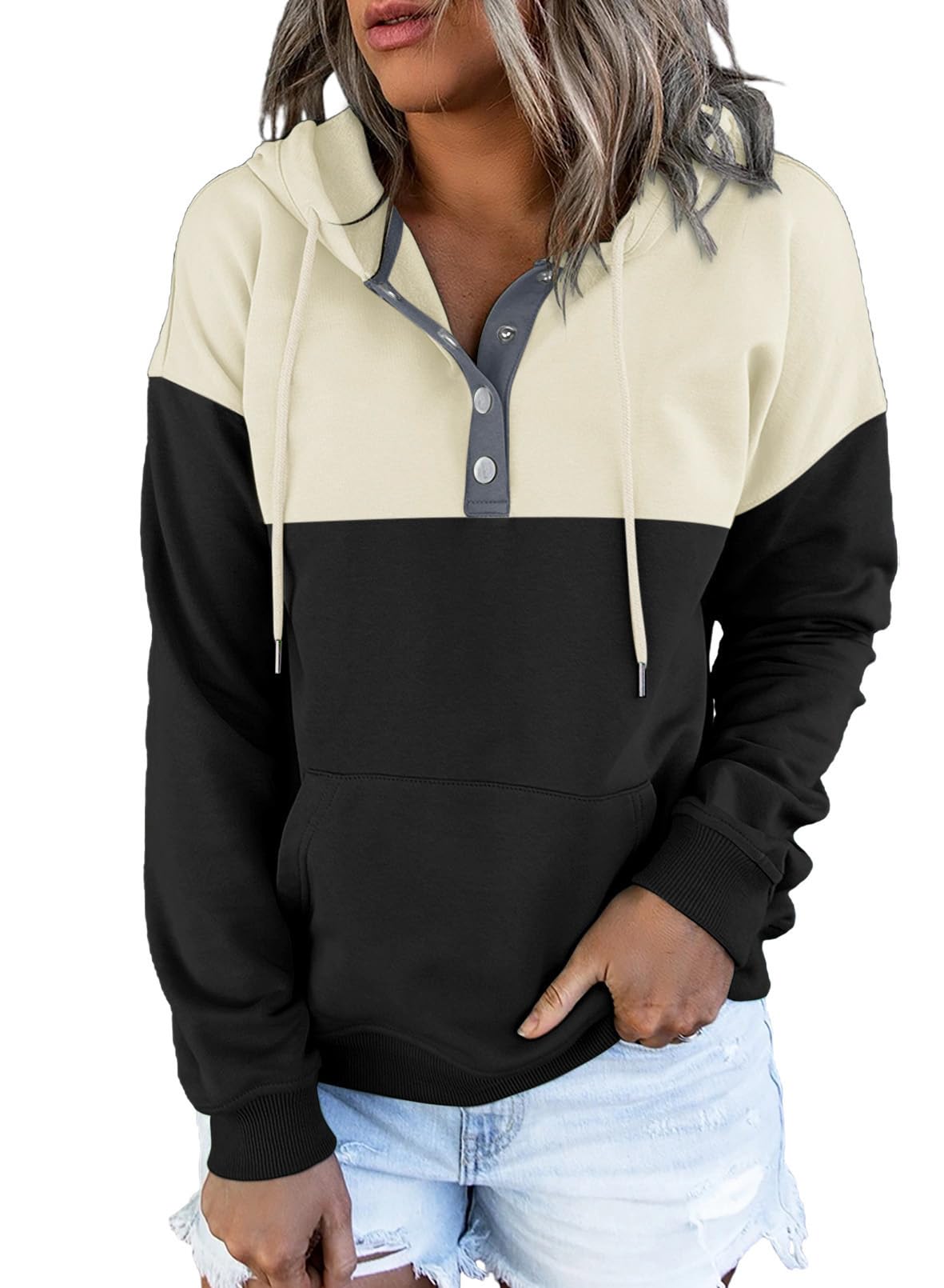 Dokotoo Hoodies for Women Button Collar Drawstring Sweatshirt Hooded Tops | Long Sleeve, Fleece Lined, Pullover Hoodie, Kangaroo Pocket, Fall Outfits Winter Clothes 2026, Casual Travel Workout Outdoor