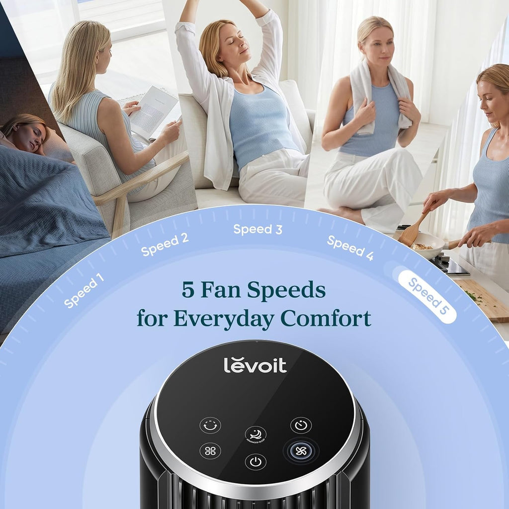 Levoit Tower Fan for Bedroom, 28ft/s Fans that Blow Cold Air, 28dB Quiet | Standing Floor Fan for Room, 90° Oscillating, 5 Speeds 4 Modes & Temp Sensor, Bladeless, 12H Timer, Remoter, 36 inch, White