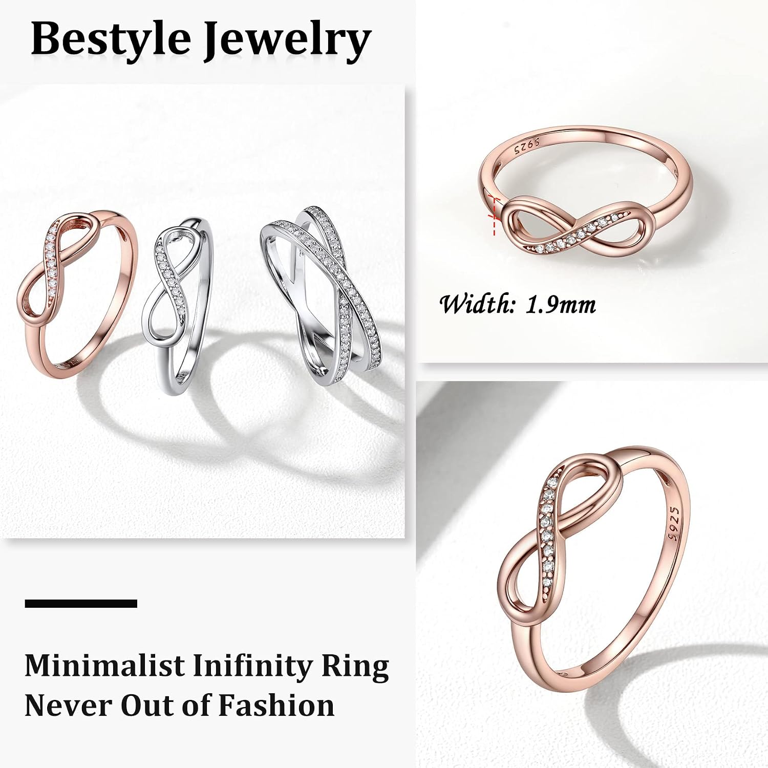 Bestyle Simple S925 Sterling Silver Infinity Rings Cubic Zirconia Rings, Nice Cute BFF Friendship Rings, Dainty Eternity Promise Wedding Bands Perfect Every Day Ring, Size 4-12, Words Engavable