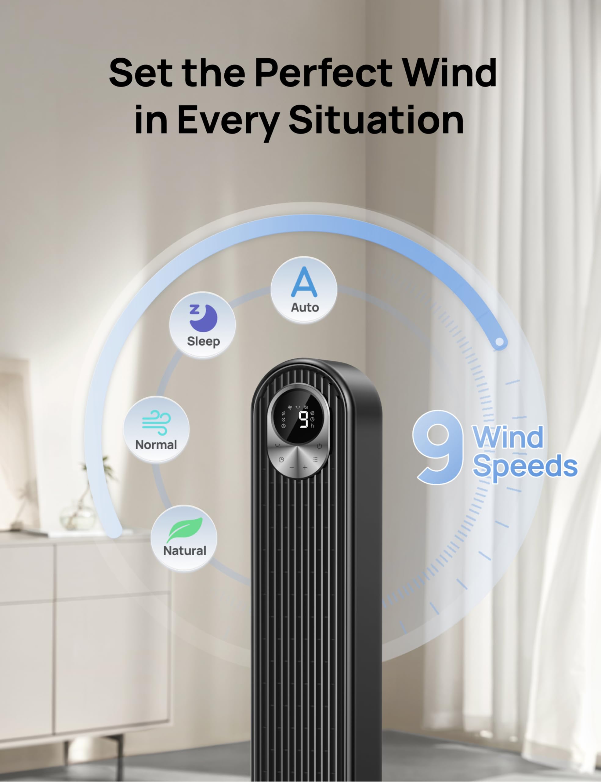 DREO Tower Fan for Bedroom, 28ft/s Velocity, 20dB Ultra Quiet, 8 Speeds | 2026 Upgraded DC Motor, 90° Oscillating, 4 Modes Standing Fan, Bladeless Fan for Indoors, Floor Fans with Remote, Black