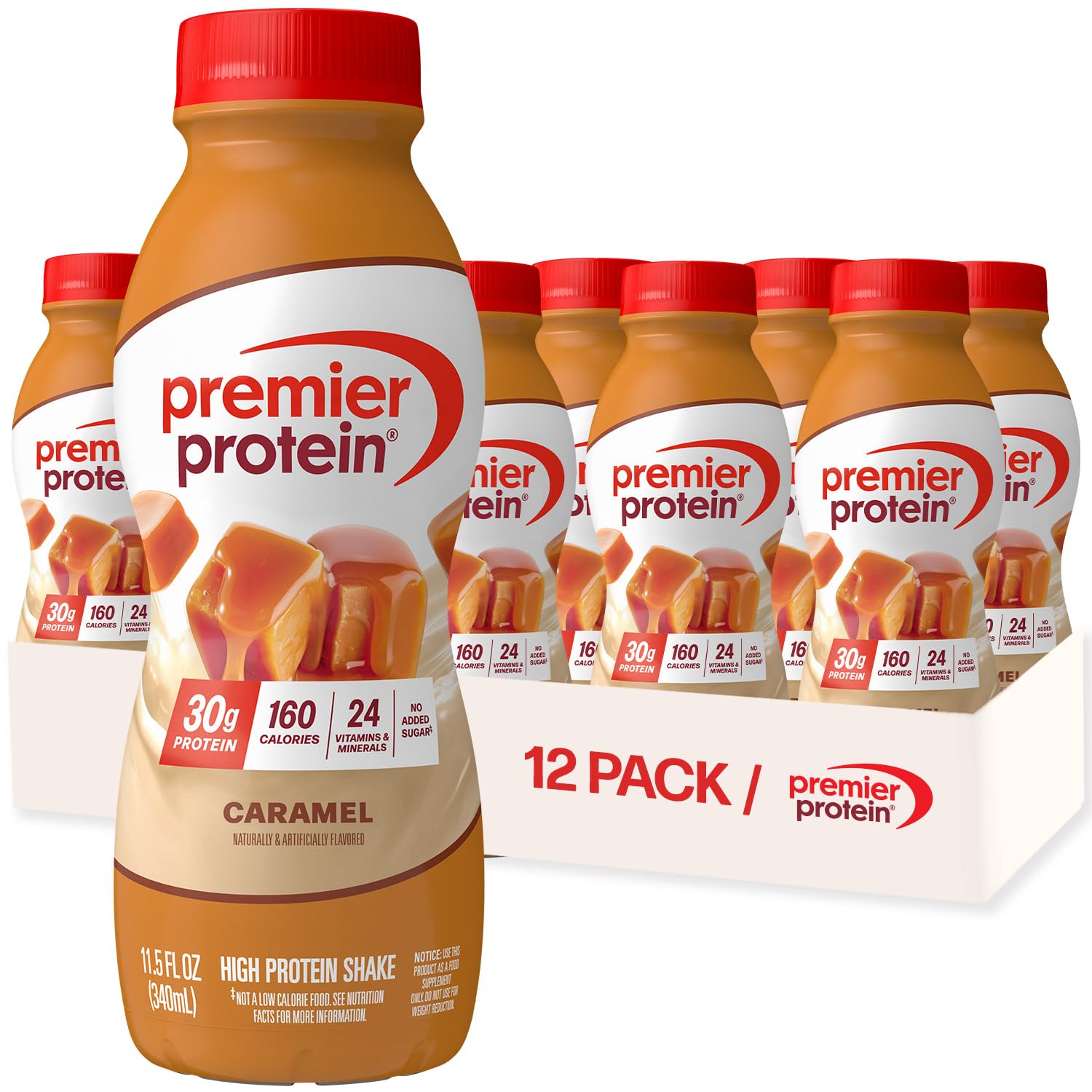 Premier Protein 30g High Protein Shake, Caramel, 12 Pack | 160 Calories, 24 Vitamins & Minerals, No Added Sugar, Supports Muscle Health, Gluten-Free, 11.5 oz