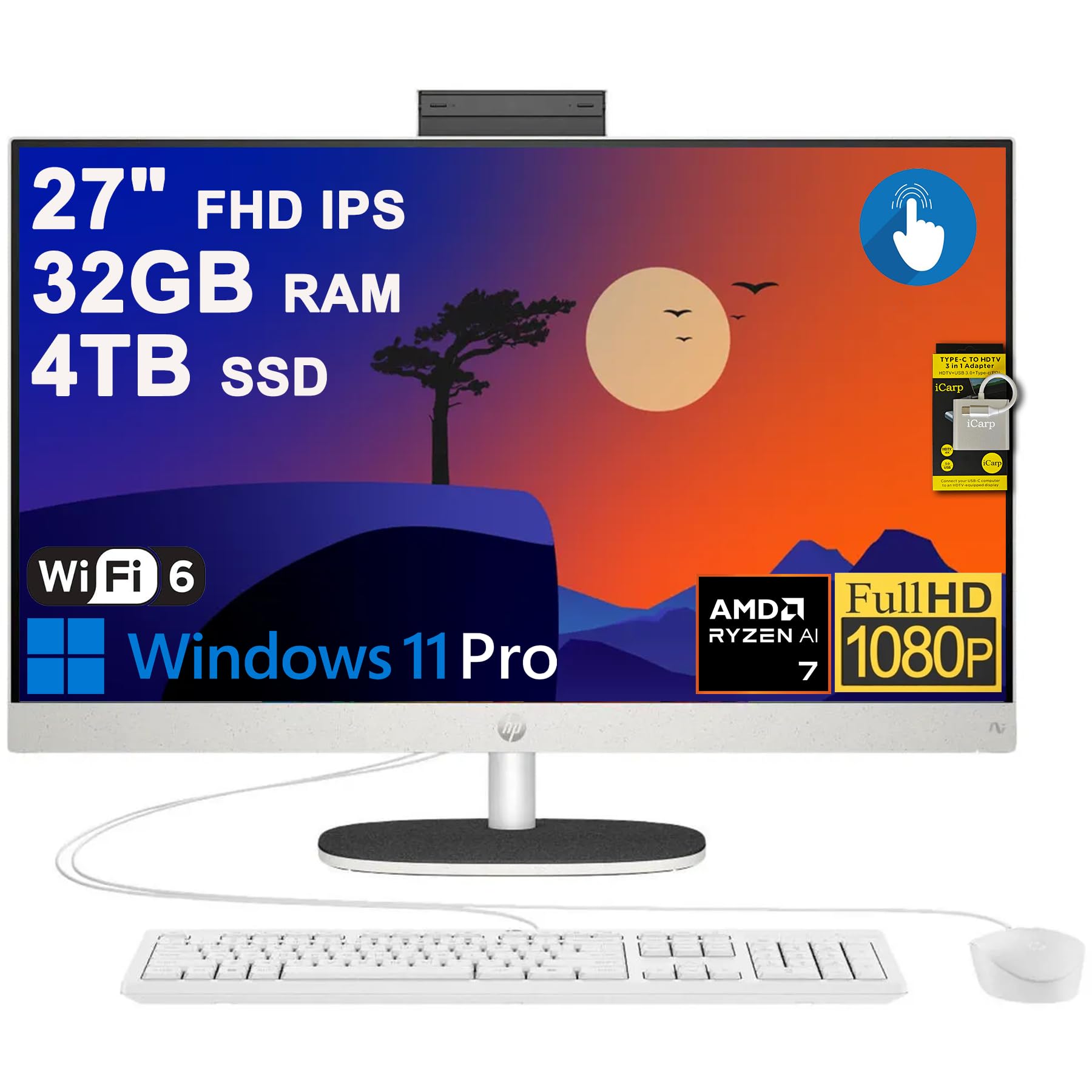 HP 27 AIO Desktop Computer 27" FHD IPS Anti-Glare Touchscreen (99% sRGB) AMD 8-core Ryzen AI 7 350 (Up to 50 NPU Tops) 32GB RAM 2TB SSD for Creator Designer Business Professional Work Win11 ICP Hub