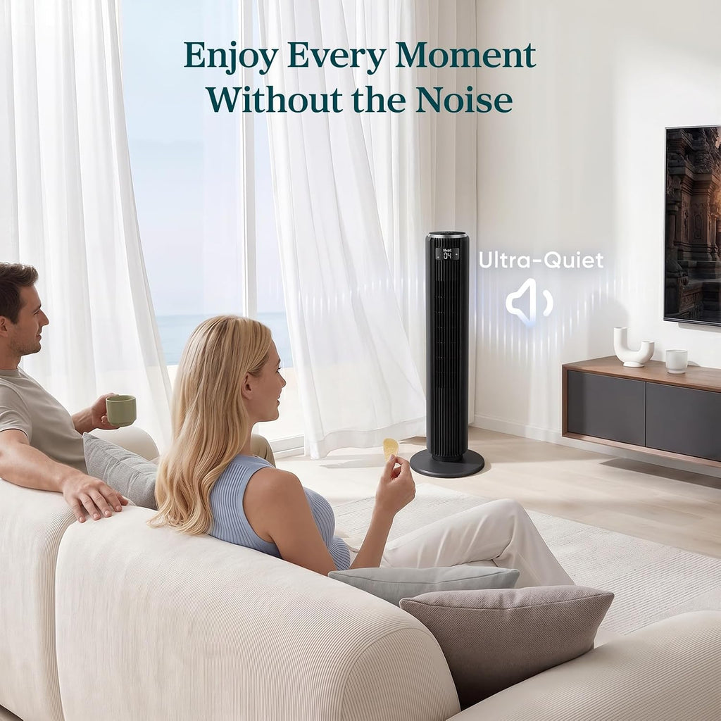 Levoit Tower Fan for Bedroom, 28ft/s Fans that Blow Cold Air, 28dB Quiet | Standing Floor Fan for Room, 90° Oscillating, 5 Speeds 4 Modes & Temp Sensor, Bladeless, 12H Timer, Remoter, 36 inch, White
