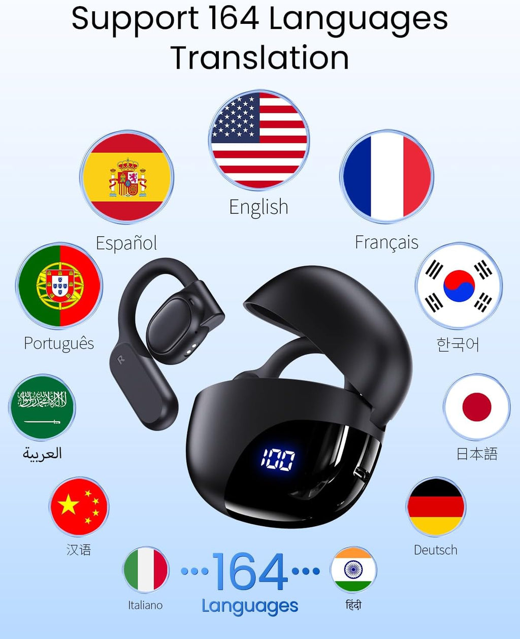 AI Translation Earbuds Real Time 164 Languages 80H Playtime Translator Ear Buds Audifonos Traductores Inglés Español Wireless Earphones Bluetooth AI Headphone for Travel Meeting Learning K08 Black