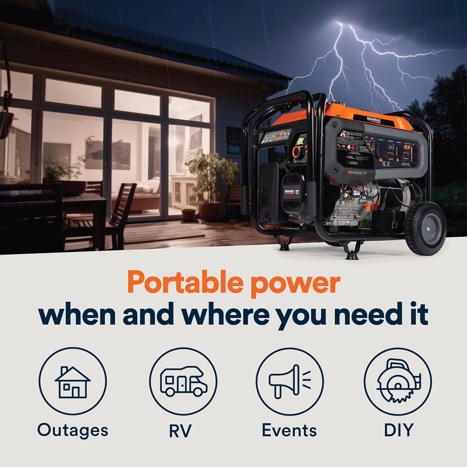 Generac 12,500 Starting Watt Tri-Fuel Portable Generator, Electric Start | Gas, Propane, Or Natural Gas Fuel Options, COsense CO Detection, 9.5 Hour Runtime, Emergency Home Backup, 49 State Compliant