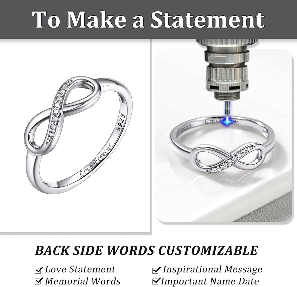 Bestyle Simple S925 Sterling Silver Infinity Rings Cubic Zirconia Rings, Nice Cute BFF Friendship Rings, Dainty Eternity Promise Wedding Bands Perfect Every Day Ring, Size 4-12, Words Engavable
