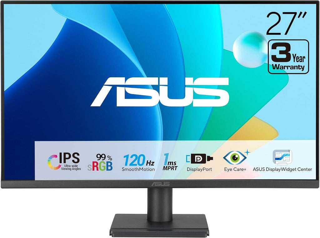 ASUS 27" Computer Monitor (VA279QG) - Full HD, IPS, 120Hz, 1ms MPRT, Adaptive-Sync, Eye Care, Low Blue Light, Flicker Free, HDMI, DisplayPort, VGA, Speakers, VESA Mountable, 99% sRGB, 3yr Warranty