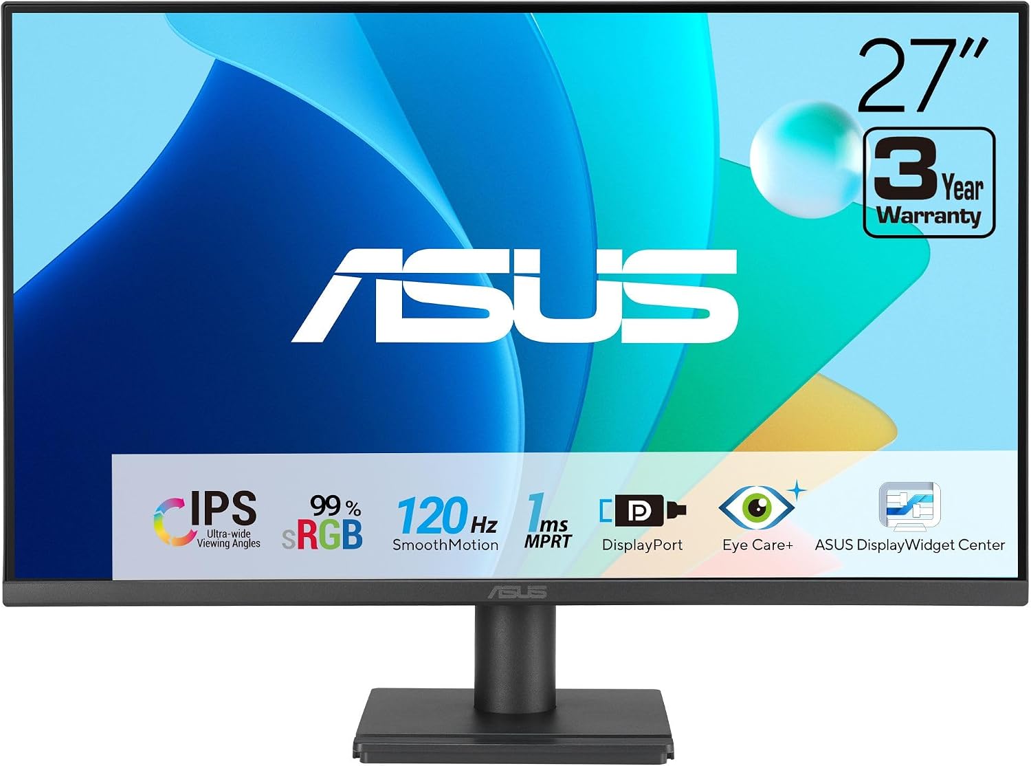 ASUS 27" Computer Monitor (VA279QG) - Full HD, IPS, 120Hz, 1ms MPRT, Adaptive-Sync, Eye Care, Low Blue Light, Flicker Free, HDMI, DisplayPort, VGA, Speakers, VESA Mountable, 99% sRGB, 3yr Warranty