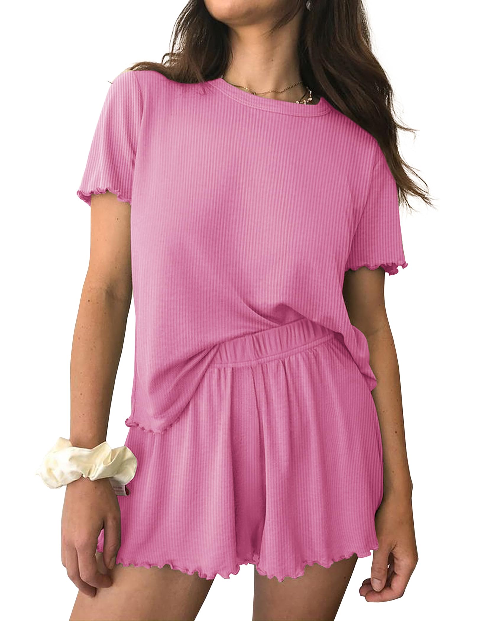 Ekouaer Womens Pajamas 2 Piece Ribbed Knit Pjs Short Sleeve Lounge Sets | Soft Pajama Set with Ruffled cuffs hem, Casual Loungewear Sets, ideal for Home relaxation, Wedding, Party, Daily Wear