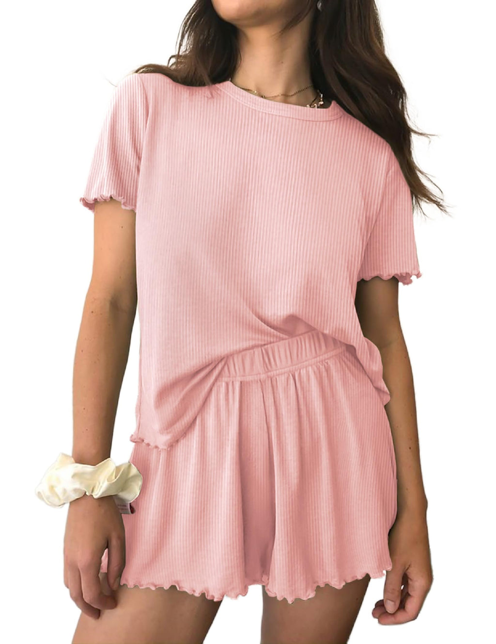 Ekouaer Womens Pajamas 2 Piece Ribbed Knit Pjs Short Sleeve Lounge Sets | Soft Pajama Set with Ruffled cuffs hem, Casual Loungewear Sets, ideal for Home relaxation, Wedding, Party, Daily Wear