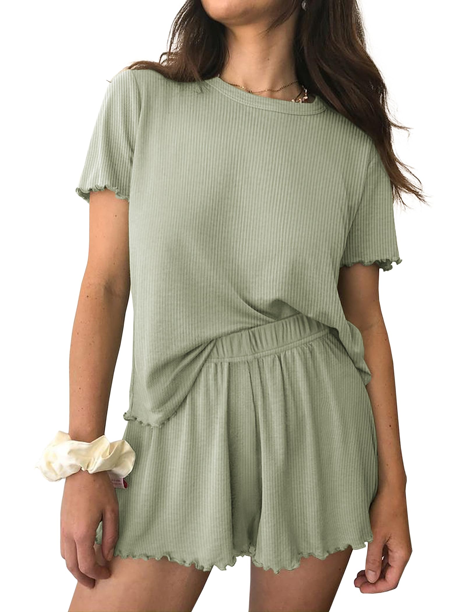 Ekouaer Womens Pajamas 2 Piece Ribbed Knit Pjs Short Sleeve Lounge Sets | Soft Pajama Set with Ruffled cuffs hem, Casual Loungewear Sets, ideal for Home relaxation, Wedding, Party, Daily Wear