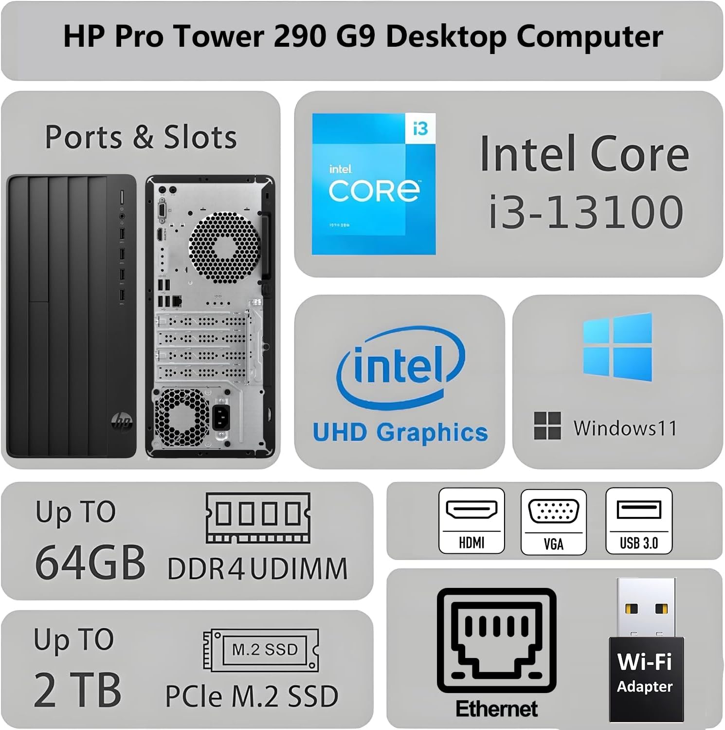 HP Pro Tower 290 G9 Business Desktop - 13th Gen Intel Core i3-13100 4.5GHz, 16GB RAM, 512GB NVMe SSD, Intel UHD 730, Multi-Port Connectivity, TPM Security, Compact Tower PC