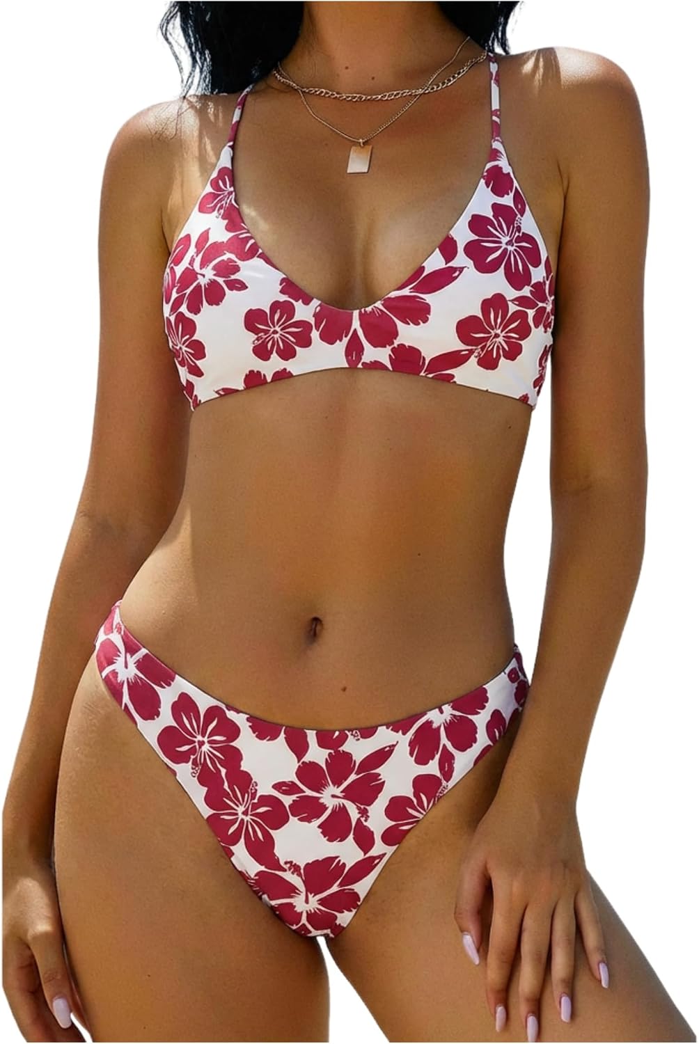ZAFUL Women's Tie Back Padded High Cut Bralette Bikini Set 2 Piece Swimsuit | Crisscross Back Self Tie, Adjustable Straps, Bathing suit for women, Classic Coverage, Removable Soft Cups, Beach Vacation