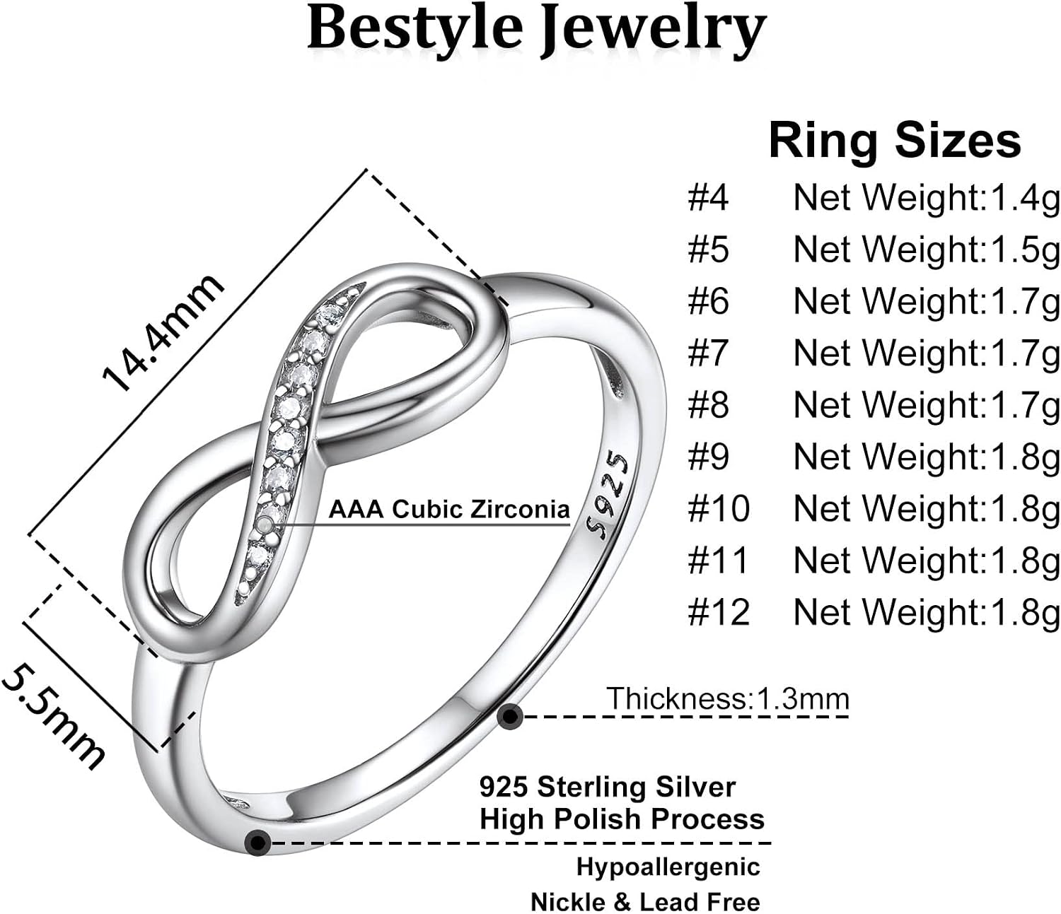 Bestyle Simple S925 Sterling Silver Infinity Rings Cubic Zirconia Rings, Nice Cute BFF Friendship Rings, Dainty Eternity Promise Wedding Bands Perfect Every Day Ring, Size 4-12, Words Engavable