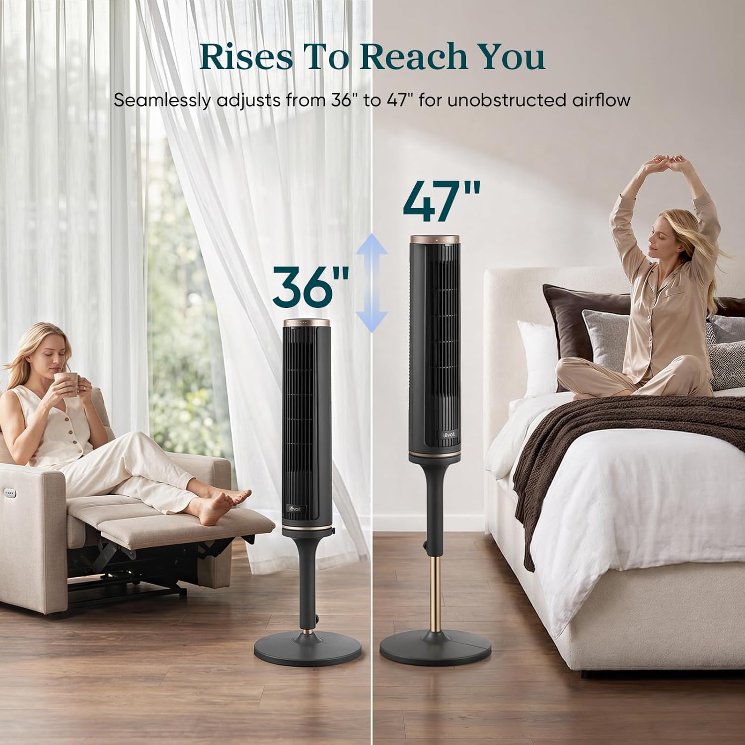 Levoit Tower Fan for Bedroom, 28ft/s Fans that Blow Cold Air, 28dB Quiet | Standing Floor Fan for Room, 90° Oscillating, 5 Speeds 4 Modes & Temp Sensor, Bladeless, 12H Timer, Remoter, 36 inch, White