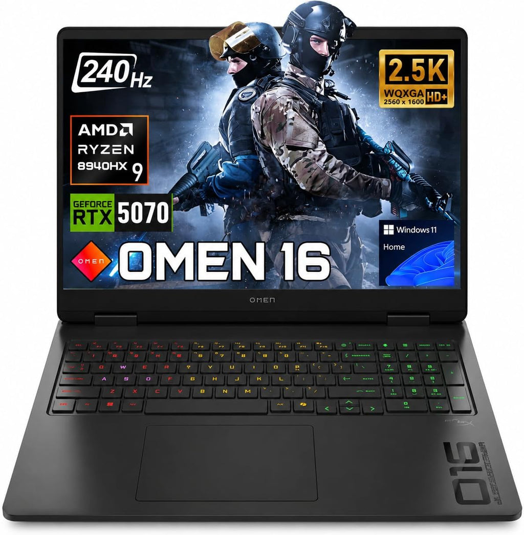 HP OMEN 16 RTX 5070 AMD Ryzen 9 240Hz QHD+ 2560x1600 RGB Gaming Laptop | AMD Ryzen 9 8940HX, Customized 16-64GB DDR5, 1-4TB SSD, 4-Zone RGB KB, Low Blue Light, Long Battery Life, Windows 11 Home