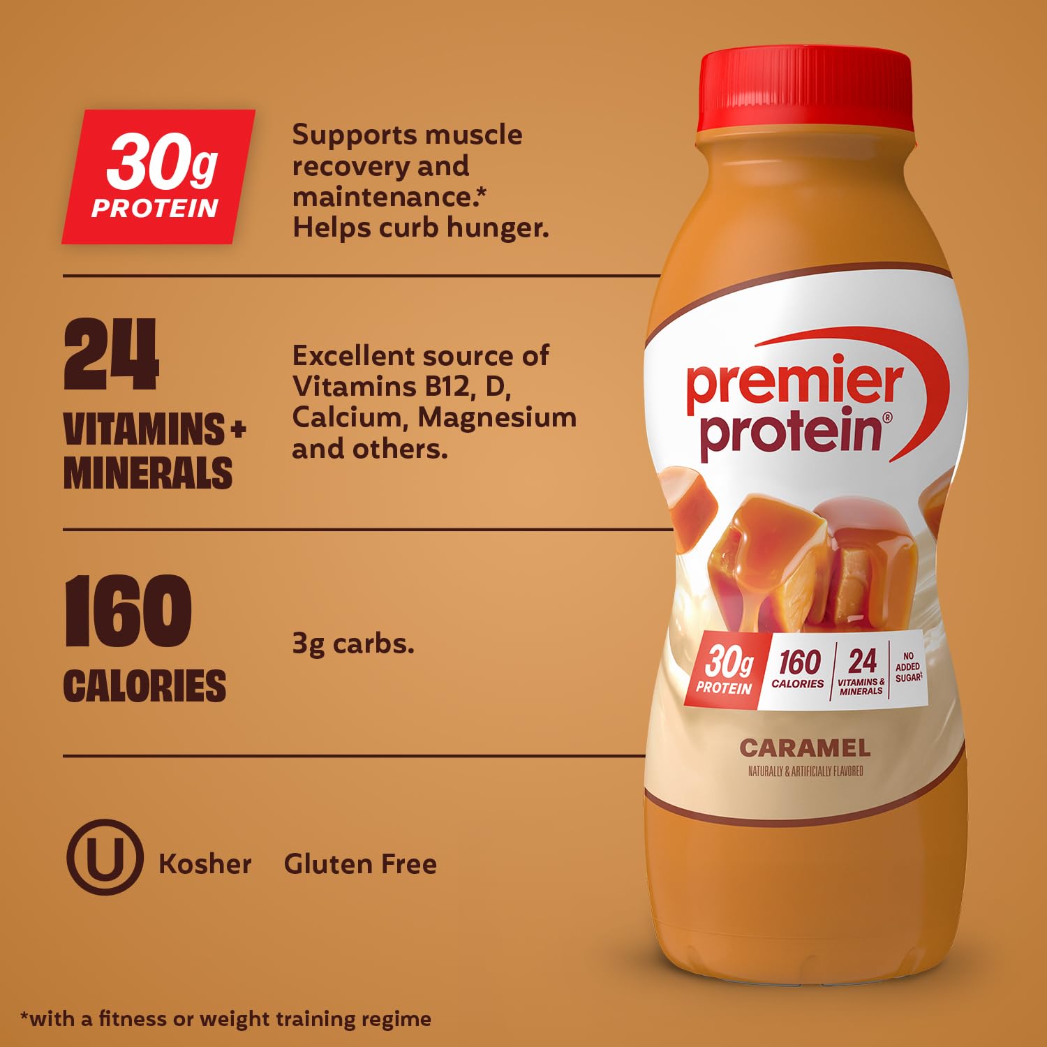 Premier Protein 30g High Protein Shake, Caramel, 12 Pack | 160 Calories, 24 Vitamins & Minerals, No Added Sugar, Supports Muscle Health, Gluten-Free, 11.5 oz