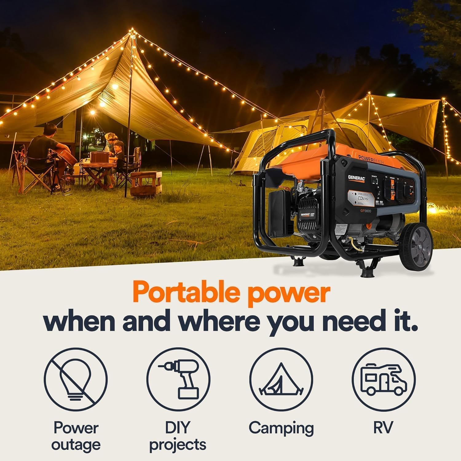 Generac 12,500 Starting Watt Tri-Fuel Portable Generator, Electric Start | Gas, Propane, Or Natural Gas Fuel Options, COsense CO Detection, 9.5 Hour Runtime, Emergency Home Backup, 49 State Compliant