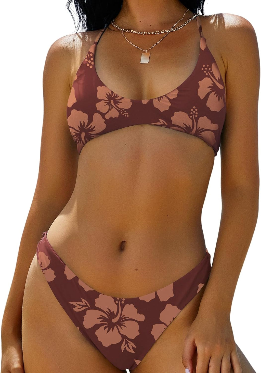 ZAFUL Women's Tie Back Padded High Cut Bralette Bikini Set 2 Piece Swimsuit | Crisscross Back Self Tie, Adjustable Straps, Bathing suit for women, Classic Coverage, Removable Soft Cups, Beach Vacation