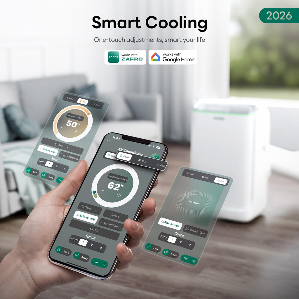 ZAFRO Smart Inverter Portable Air Conditioners, 16000 BTU (12000 BTU SACC) | Dual Hose Portable AC Unit with Energy Saving/Ultra Quiet(42dB)/Drainage-free Cooling/APP/Remote for Multi-Scenario Use
