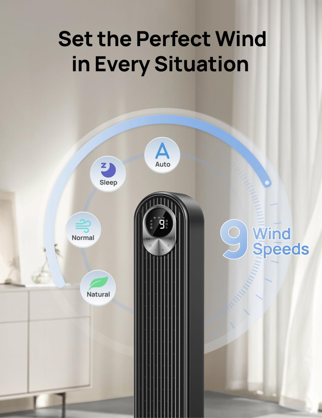 DREO Tower Fan for Bedroom, 28ft/s Velocity, 20dB Ultra Quiet, 8 Speeds | 2026 Upgraded DC Motor, 90° Oscillating, 4 Modes Standing Fan, Bladeless Fan for Indoors, Floor Fans with Remote, Black