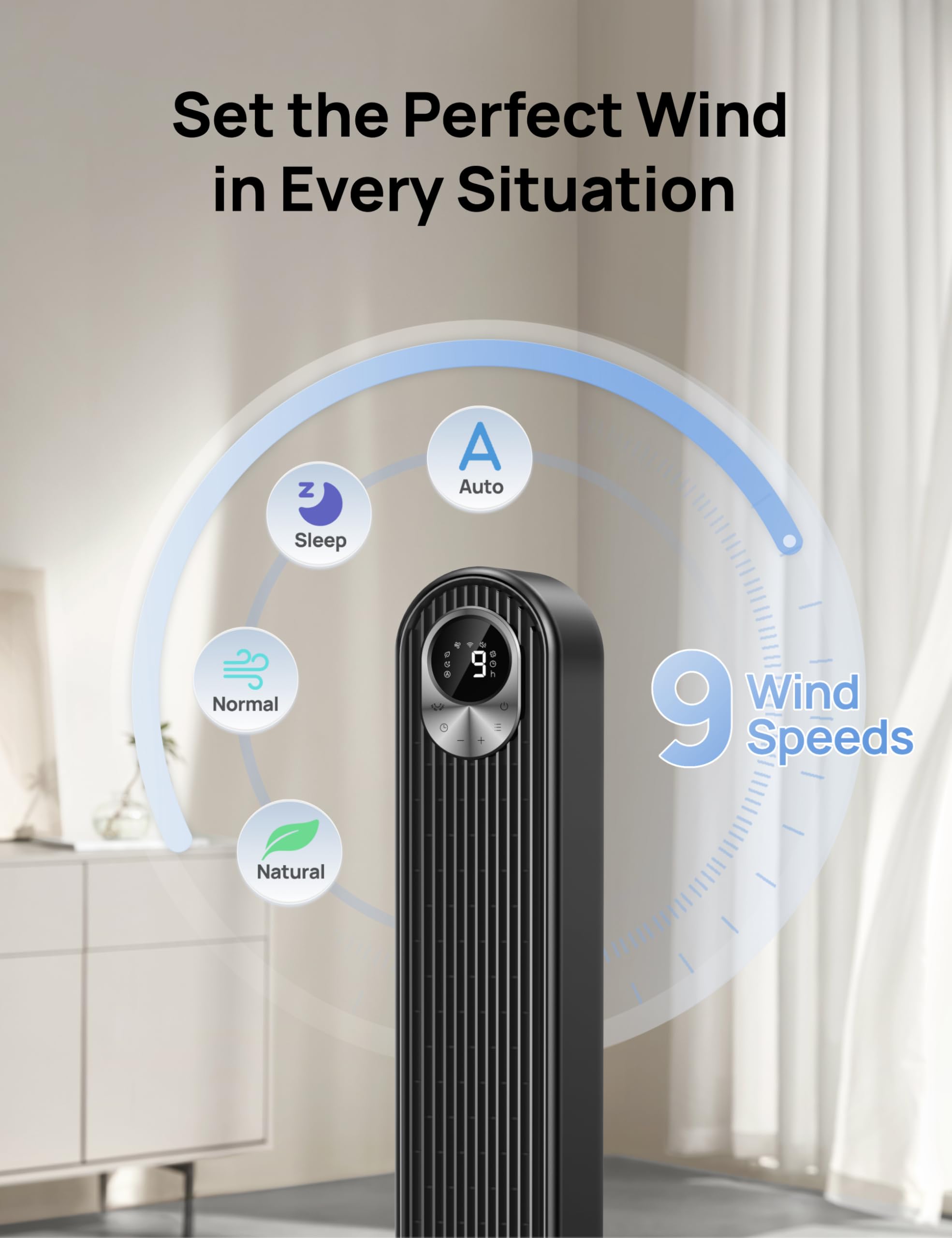 DREO Tower Fan for Bedroom, 28ft/s Velocity, 20dB Ultra Quiet, 8 Speeds | 2026 Upgraded DC Motor, 90° Oscillating, 4 Modes Standing Fan, Bladeless Fan for Indoors, Floor Fans with Remote, Black