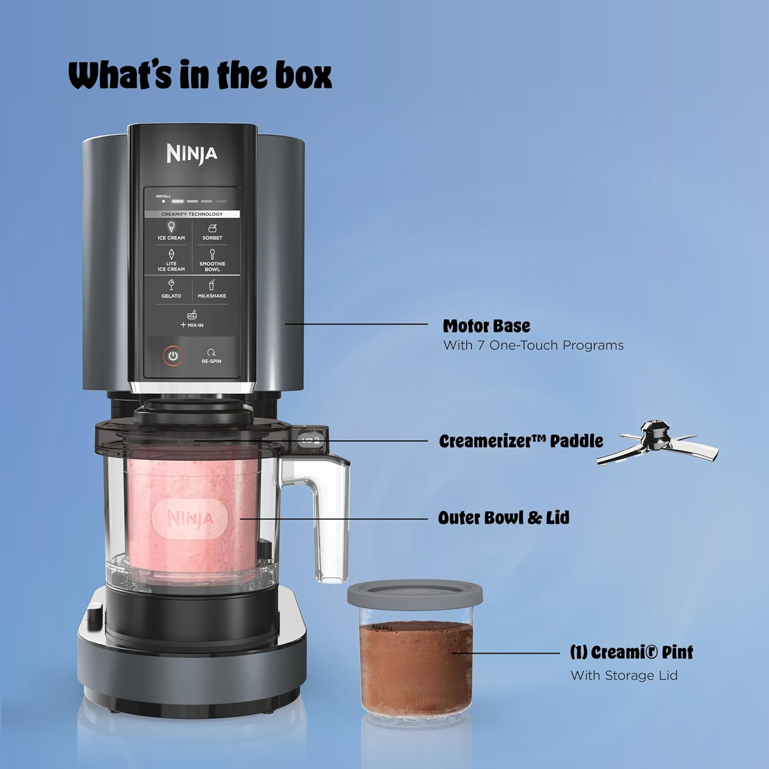 Ninja® CREAMi® 7-in-1 Ice Cream Maker, Ice Cream, Gelato & more, NC299AMZ | Ninja CREAMi transforms frozen bases into ice cream, sorbet and milkshakes at a button touch, from healthy to indulgent.