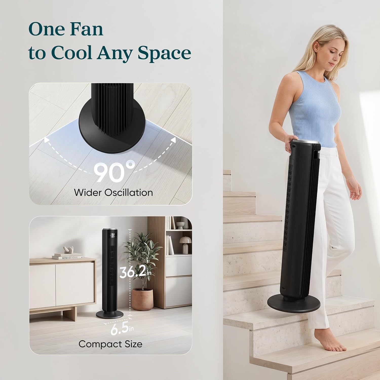 Levoit Tower Fan for Bedroom, 28ft/s Fans that Blow Cold Air, 28dB Quiet | Standing Floor Fan for Room, 90° Oscillating, 5 Speeds 4 Modes & Temp Sensor, Bladeless, 12H Timer, Remoter, 36 inch, White