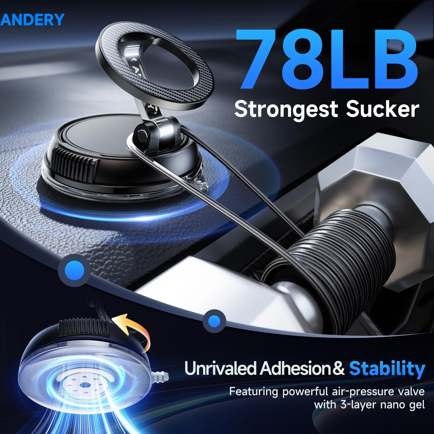 ANDERY Car Phone Holder for Magsafe [78+LBS Max Suction & 2400gf Magnetic] | 360° Adjustable Car Phone Mount, Phone Holders for Your Car for iPhone 17 Pro Max 16 15 14 13 12 Plus Air, Carbon Fiber