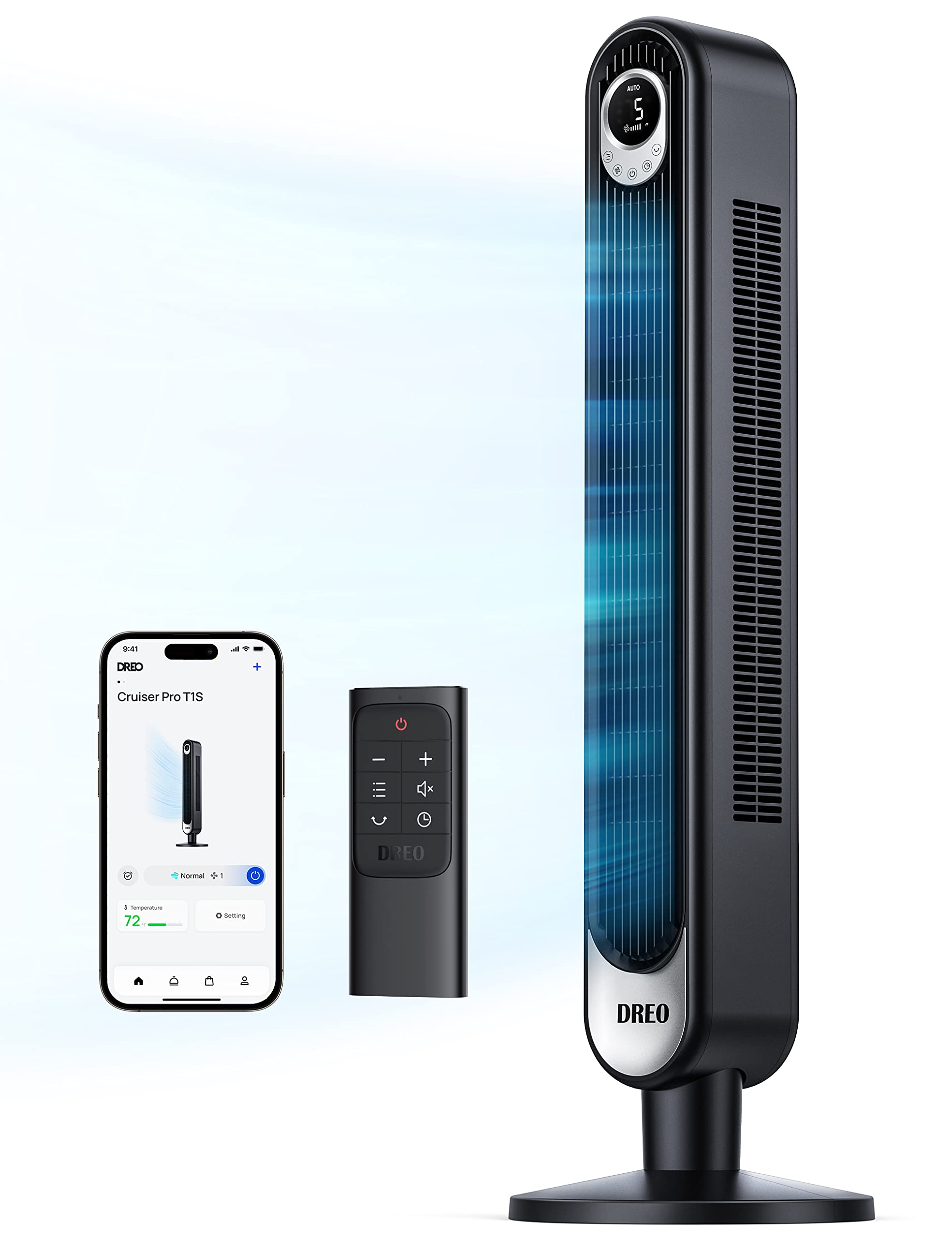DREO Tower Fan for Bedroom, 28ft/s Velocity, 20dB Ultra Quiet, 8 Speeds | 2026 Upgraded DC Motor, 90° Oscillating, 4 Modes Standing Fan, Bladeless Fan for Indoors, Floor Fans with Remote, Black