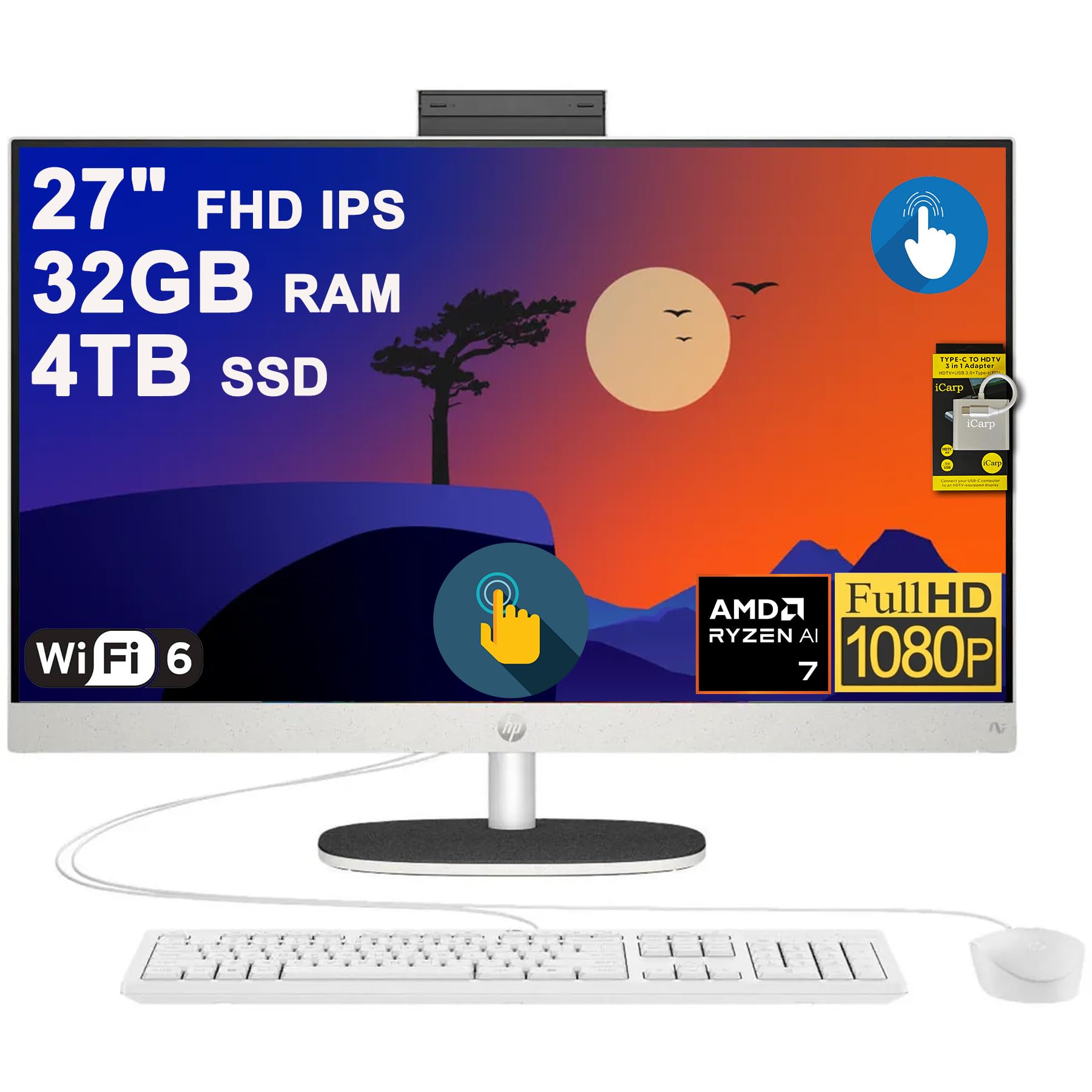 HP 27 AIO Desktop Computer 27" FHD IPS Anti-Glare Touchscreen (99% sRGB) AMD 8-core Ryzen AI 7 350 (Up to 50 NPU Tops) 32GB RAM 2TB SSD for Creator Designer Business Professional Work Win11 ICP Hub