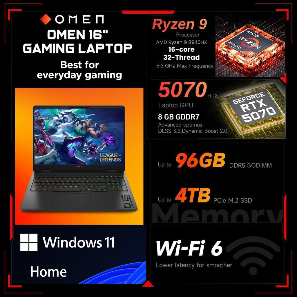 HP OMEN 16 RTX 5070 AMD Ryzen 9 240Hz QHD+ 2560x1600 RGB Gaming Laptop | AMD Ryzen 9 8940HX, Customized 16-64GB DDR5, 1-4TB SSD, 4-Zone RGB KB, Low Blue Light, Long Battery Life, Windows 11 Home