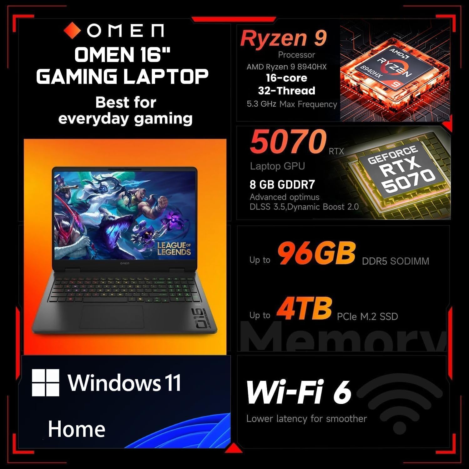 HP OMEN 16 RTX 5070 AMD Ryzen 9 240Hz QHD+ 2560x1600 RGB Gaming Laptop | AMD Ryzen 9 8940HX, Customized 16-64GB DDR5, 1-4TB SSD, 4-Zone RGB KB, Low Blue Light, Long Battery Life, Windows 11 Home