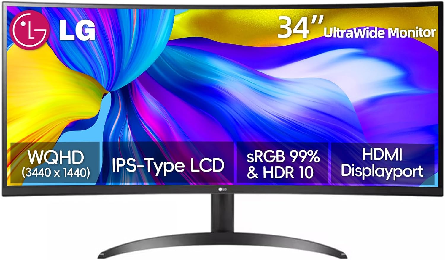 LG 34 Inch UltraWide Monitor, WQHD (3440x1440) Curved Display, 100Hz, sRGB 99%, HDR10, Dynamic Action Sync, Black Stabilizer, PBP, Dual Controller,Auto Input Switch, 1 x DisplayPort, 2 x HDMI, Black