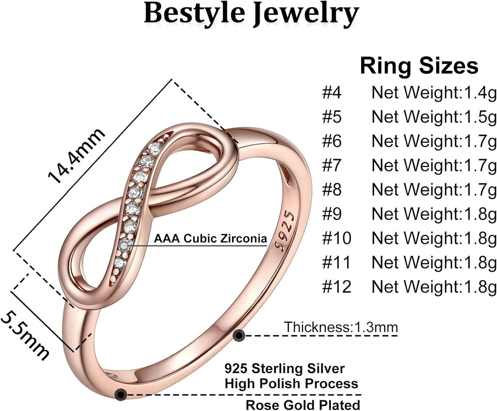 Bestyle Simple S925 Sterling Silver Infinity Rings Cubic Zirconia Rings, Nice Cute BFF Friendship Rings, Dainty Eternity Promise Wedding Bands Perfect Every Day Ring, Size 4-12, Words Engavable