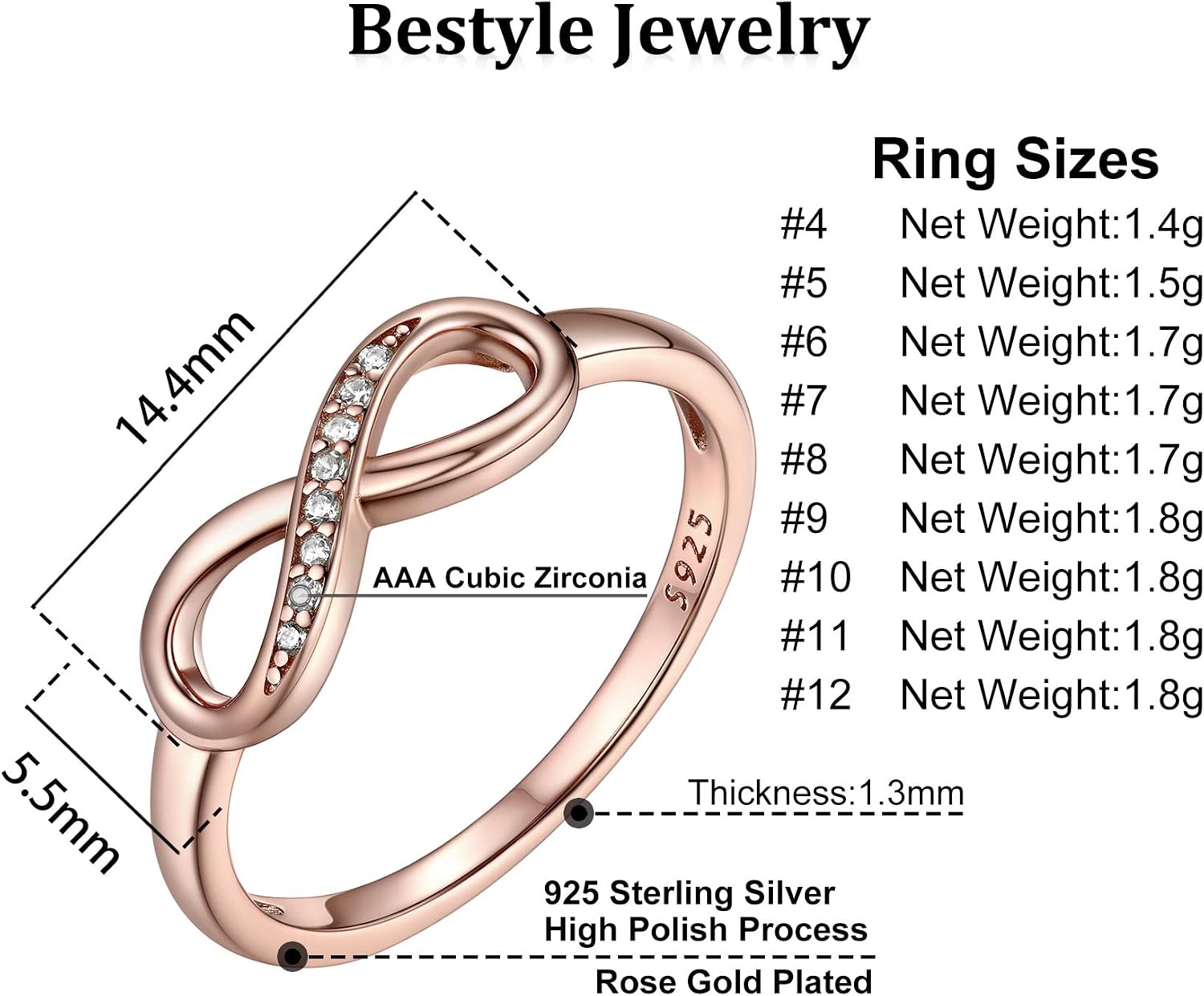 Bestyle Simple S925 Sterling Silver Infinity Rings Cubic Zirconia Rings, Nice Cute BFF Friendship Rings, Dainty Eternity Promise Wedding Bands Perfect Every Day Ring, Size 4-12, Words Engavable