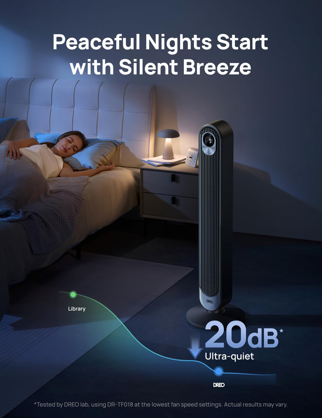 DREO Tower Fan for Bedroom, 28ft/s Velocity, 20dB Ultra Quiet, 8 Speeds | 2026 Upgraded DC Motor, 90° Oscillating, 4 Modes Standing Fan, Bladeless Fan for Indoors, Floor Fans with Remote, Black