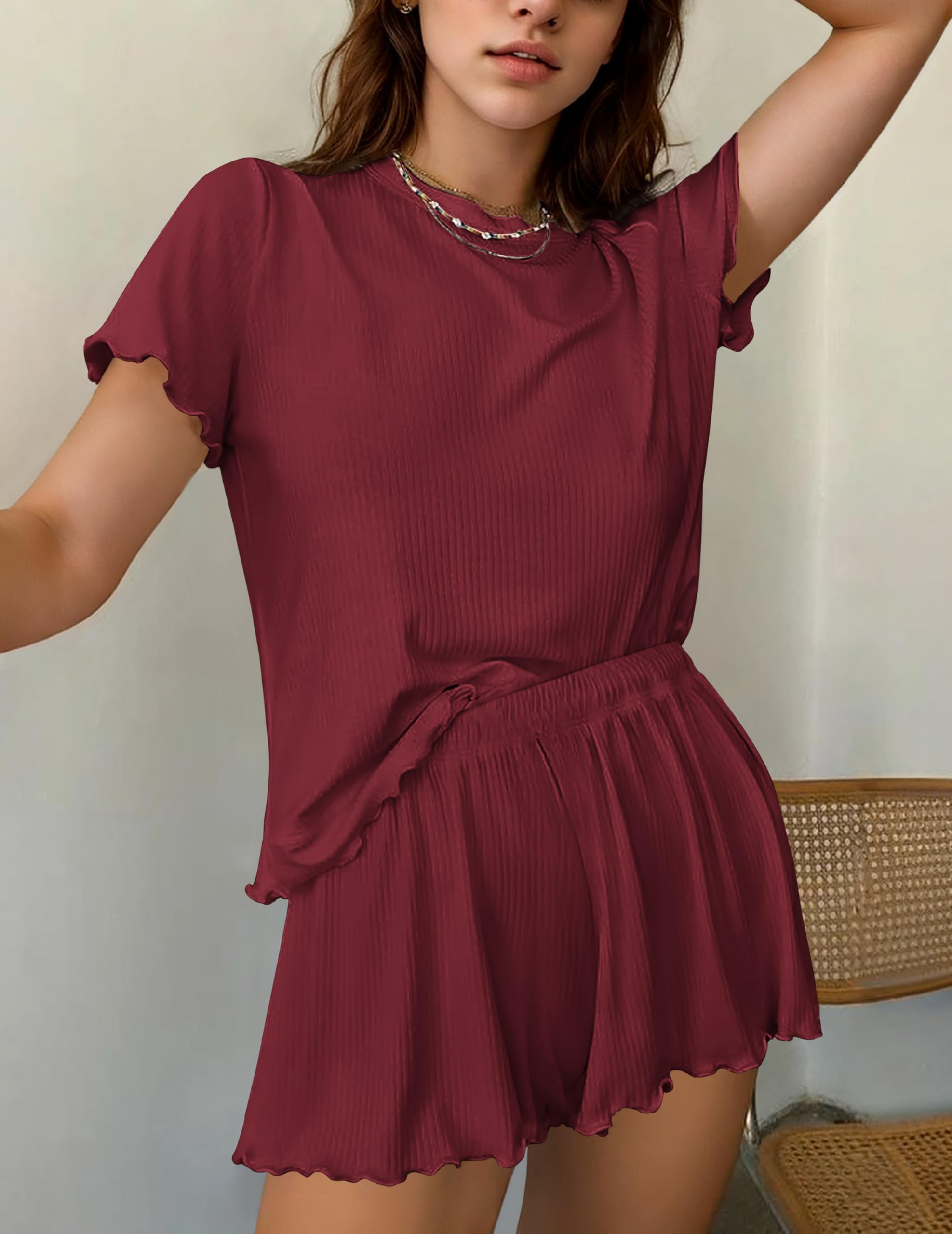 Ekouaer Womens Pajamas 2 Piece Ribbed Knit Pjs Short Sleeve Lounge Sets | Soft Pajama Set with Ruffled cuffs hem, Casual Loungewear Sets, ideal for Home relaxation, Wedding, Party, Daily Wear
