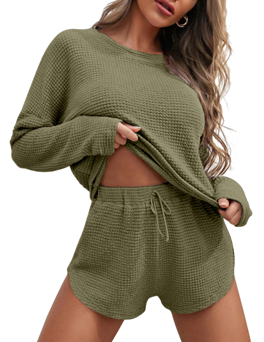 Ekouaer Womens Waffle Knit Pajama Sets Long Sleeve Top and Shorts Matching Lounge Set Loungewear Sweatsuit with Pockets