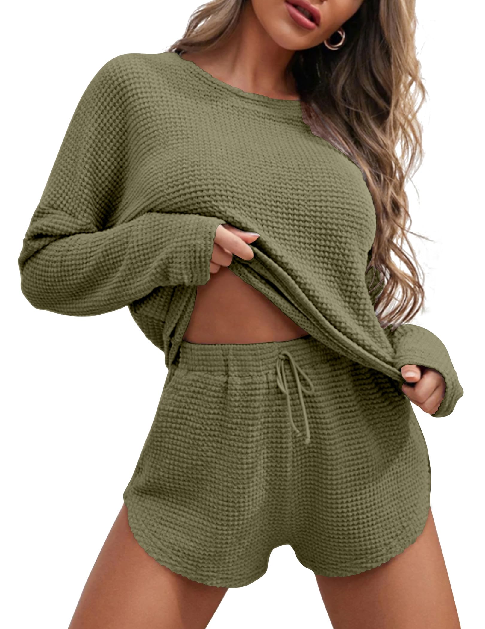 Ekouaer Womens Waffle Knit Pajama Sets Long Sleeve Top and Shorts Matching Lounge Set Loungewear Sweatsuit with Pockets