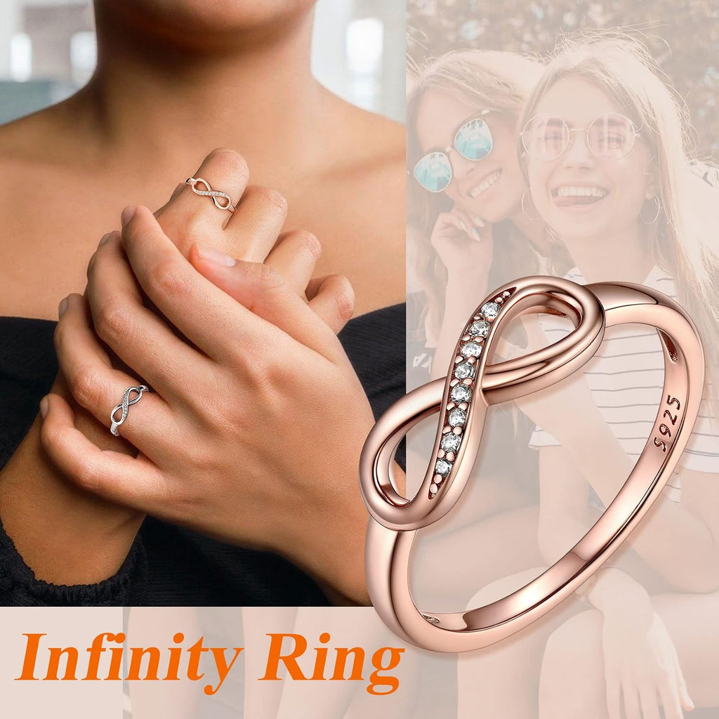 Bestyle Simple S925 Sterling Silver Infinity Rings Cubic Zirconia Rings, Nice Cute BFF Friendship Rings, Dainty Eternity Promise Wedding Bands Perfect Every Day Ring, Size 4-12, Words Engavable